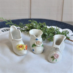 Set of 3 Miniature Porcelain Shoes, High Heel Pump, Baby, Ornate w/ Gold Trim, Figurine Curio Display, Miniature Shoe Collection, Shoe Lover