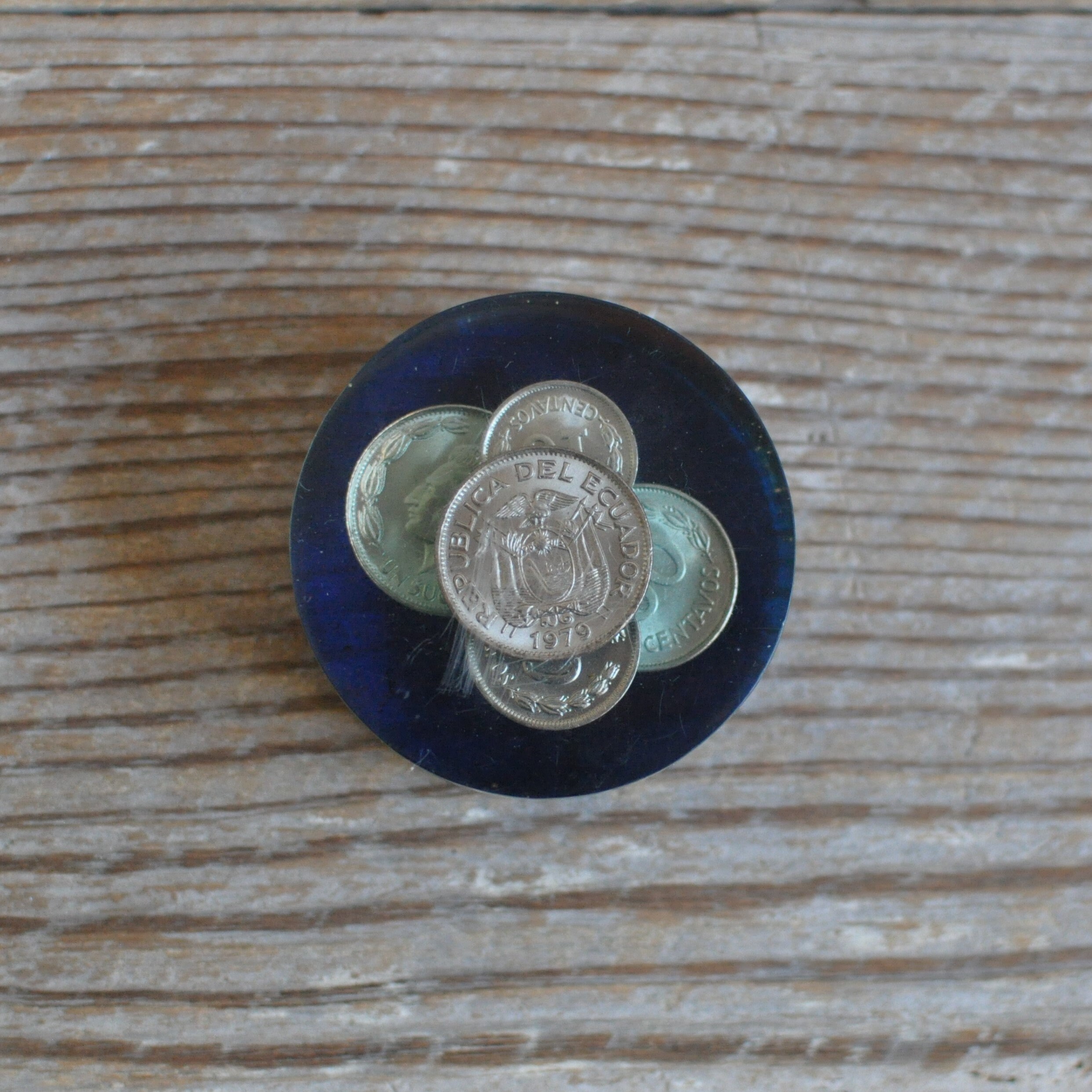 Vintage Paper Weight, Resin Coin Embedded, Foreign Currency