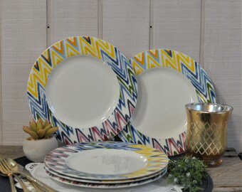 Crate & Barrel Salad Plates, Zig Zag Colorful Pattern, Set of 4