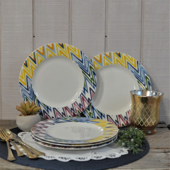 Crate Barrel Salad Plates Zig Zag Colorful Pattern Dessert