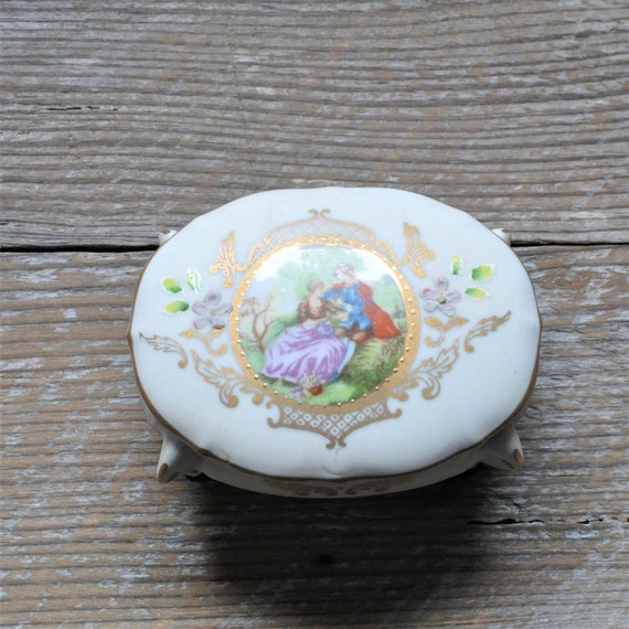 Ceramic Jewelry Box, Footed Trinket, Storage, Blue Wh… Gem