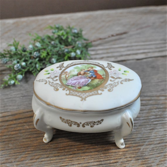 Ceramic Jewelry Box, Footed Trinket, Storage, Blue Wh… Gem