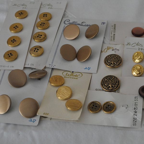 Vintage button collection, metal, sewing, gold, buttons, La Mode, Le Bouton, costume, apparel, home decor, rustic, shabby, fashion statement