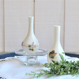 Pair of Milk glass Mini Bud Vases, Floral, Garden Butterfly, Blue Yellow, Curio Display, Mini Flower Holder Collection, Flower Lover, Spring