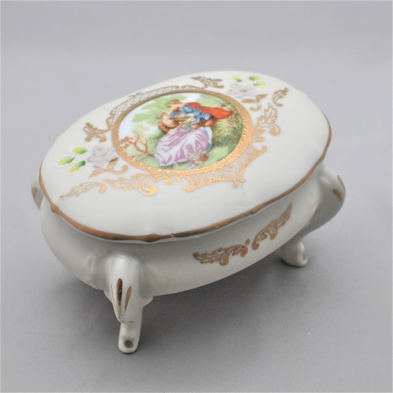 Ceramic Jewelry Box, Footed Trinket, Storage, Blue Wh… Gem