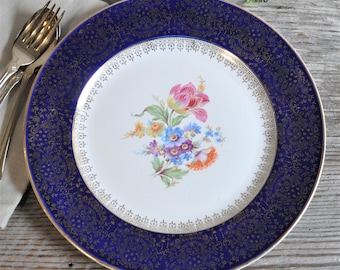 Homer Laughlin Cobalt Blue, Gold Filigree, Dinner Plate, Floral, Replacement China, Elegant Tableware, Wedding Gift Bridal Tea Party For Mom