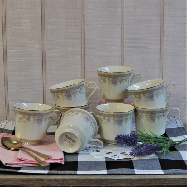 Set of 8 Teacups for Tea Party, Home Beautiful Bay Ridge, Footed Tea Cup, Floral, Coffee Lover, Bridal Wedding Garden Luncheon, Pink Floral