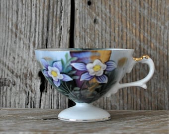 Orphan Tea Cup, Painted, Floral, Colorado Columbine, Purple Crocus, Souvenir Collection, Garden Tea Party, Mismatched Teacup, Shabby, Bridal