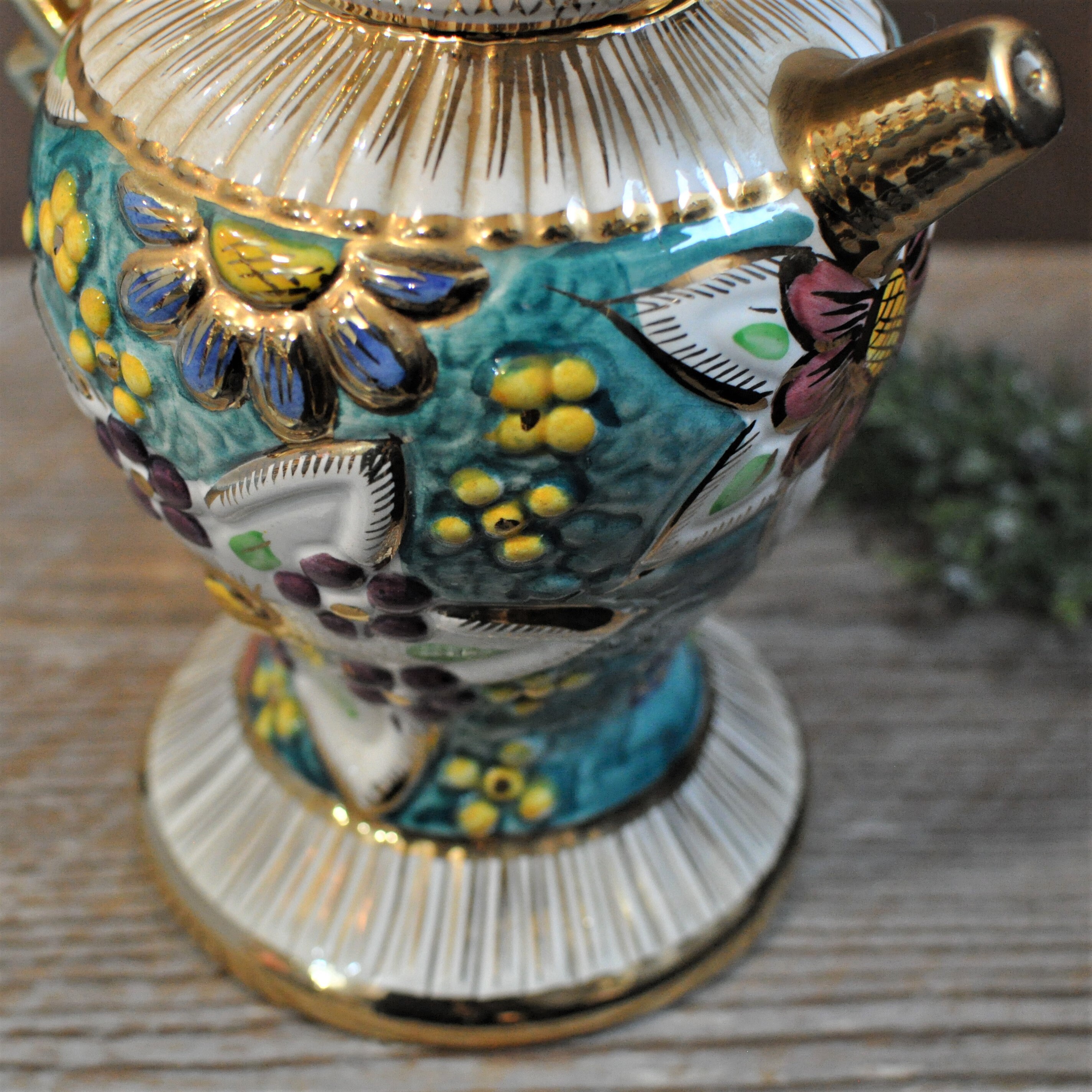 Bequet Belgium Pottery, Ornate Gilt Flower Vase, Turquoise