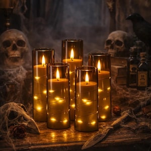 Puede incluir: Una escena espeluznante de Halloween con seis velas encendidas en cilindros de vidrio. Las velas están rodeadas de luces de hadas y se encuentran sobre una mesa de madera con calaveras, un cuervo y un cuchillo decorativo. La escena está tenuemente iluminada con efecto de telaraña.