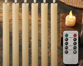 Ivory Flameless Taper Candles, Real Wax LED 3D Wick Light, Remote Control Pack (6)