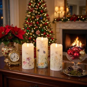 Flameless LED Pillar Candles Set of 3, Butterfly Floral Spring Lights with Remote & Timer, Battery Operated, Realistic Flickering Warm Glow