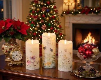 Flameless LED Pillar Candles Set of 3, Butterfly Floral Spring Lights with Remote & Timer, Battery Operated, Realistic Flickering Warm Glow