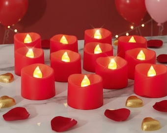 Velas LED rojas sin llama, efecto de velas parpadeantes, decoración para San Valentín, paquete de 12 unidades
