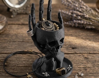 Goth Skull Hand Jewelry Holder 3D Printed Rings Organizer Creepy Skeleton Hand Display Stand Witchy Room Decor Halloween Gift PLA