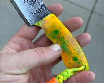 80CrV2 Steel Fixed Blade – Compact EDC Knife – Neon Fallout EDC Knife – Glow Resin Handle Knife