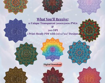 11 Faux Stitch Effect Mandalas, Sublimation PNG Bundle, Boho, Colorful Clipart, Digital Download for Crafters, Print Ready PDF Included