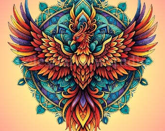 Phoenix Rising Firebird Mandala Design, Sublimation, Wall Art (Digital Download)