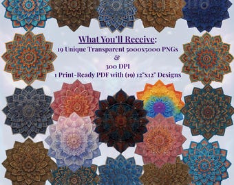 19 Faux Embroidery Mandala PNG and PDF Sublimation Art Bundle, Sacred Geometry, Boho Clipart (Digital Download)