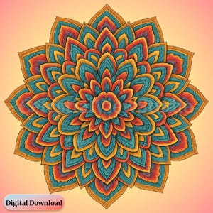 May include: A digitally created mandala design with a symmetrical floral pattern. The design features a vibrant color palette of teal, orange, yellow, and red. The words "Digital Download" are in a white box at the bottom.