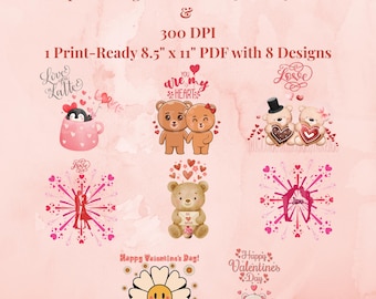 Valentine Love PNG Bundle, 8 Pink and Red Heart Designs, Sublimation Clipart, Instant Download, High Res Digital Art (Digital Download)