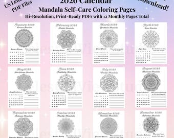 2026 Mandala Coloring Calendar Printable, 12 Month Planner Pages, 8.5x11 Adult Coloring Pages, Zen Stress Relief Calendar, PDF Download
