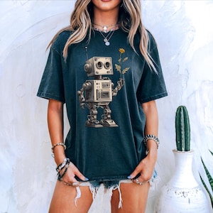 Retro Robot Holding Flower T-Shirt | Vintage Toy Bot Tee