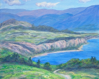 Cuadro "Lago soleado y colinas" - Paisaje veraniego original - Arte mural natural brillante de 30 x 30 cm