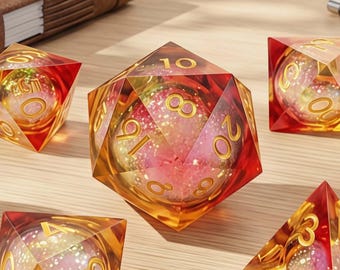 Liquid Core Galaxy Dice Set, Sunset Resin, Sharp Edge Polyhedral RPG Dice (30mm D20)