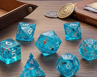 Liquid Core Koi Fish Dice, Sharp Edge Resin Polyhedral, Floating Glitter (7-Piece Set)