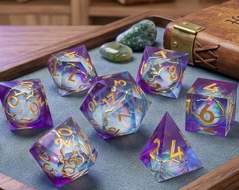 Galaxy Liquid Core Resin Dice Set, Purple Teal Gold Leaf Quicksand RPG Dice