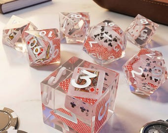 Handmade Poker Card Resin Dice Set, Sharp Edge Polyhedral D&D TTRPG King Hearts Dice
