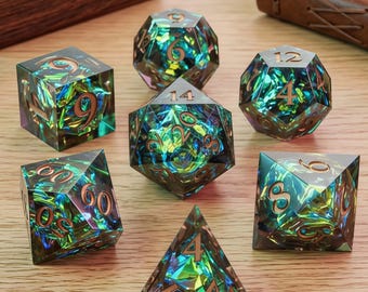 Handmade Sharp Edge Resin Dice Set, Aurora Crinkle Foil Polyhedral TTRPG Dice (30mm)