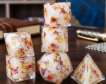 Handmade Cherry Blossom Resin Dice Set, Sharp Edge DND RPG Dice (7-Piece)