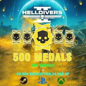 May include: Promotional image for Helldivers II, displaying the game's logo and 500 medals. The image includes icons for Steam, PlayStation, and Xbox platforms, plus in-game resources. The background shows a futuristic battle scene.