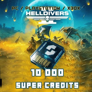 Può includere: Immagine promozionale per il videogioco Helldivers, con una scena di battaglia futuristica con soldati e creature aliene. L'immagine mostra in modo prominente una carta Super Credit con il testo "10 000 Super Credits" e i loghi delle piattaforme di gioco.
