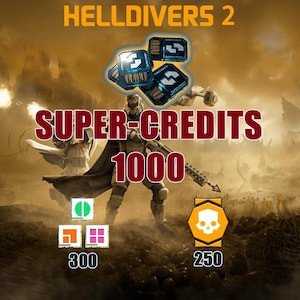 Puede incluir: Un gráfico digital para Helldivers 2 que muestra 1000 Super-Créditos, representados por fichas rectangulares azules. Debajo, iconos más pequeños incluyen un círculo verde, un cuadrado naranja, una cuadrícula rosa y un emblema de calavera naranja con 300 y 250.