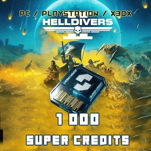 Puede incluir: Imagen promocional del videojuego Helldivers, que muestra una escena de batalla futurista con soldados y criaturas alienígenas. Se muestra una tarjeta Super Credit con el texto "1 000 Super Credits", junto con el título del juego y los logotipos de la plataforma.