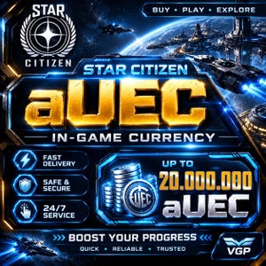 Puede incluir: Un gráfico digital para la moneda del juego aUEC de Star Citizen con el texto "STAR CITIZEN aUEC IN-GAME CURRENCY" y "UP TO 20.000.000 aUEC". El diseño incluye pilas de monedas metálicas, acentos azules brillantes y una estación espacial.