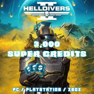 May include: A digital promotional graphic for Helldivers 2 featuring a soldier in black and gold armor holding three blue credit cards. The text reads 3,000 SUPER CREDITS and PC / PLAYSTATION / XBOX against a background of a planet and alien creatures.