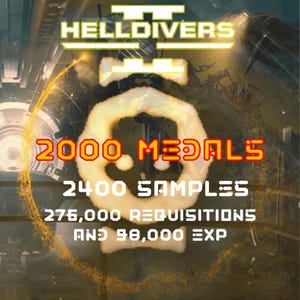 May include: A digital graphic for Helldivers 2 featuring a central skull icon and yellow text. The image displays 2000 Medals, 2400 Samples, 276,000 Requisitions, and 90,000 EXP. The background is dark with golden light effects and a circular border.