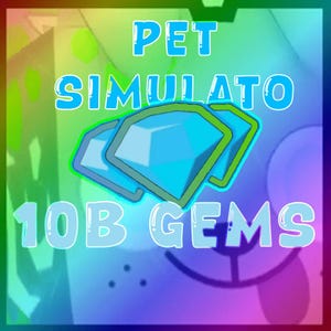 May include: A digital graphic featuring the text PET SIMULATO and 10B GEMS in light blue bubble letters. Centered is an illustration of three overlapping blue diamond shapes with green outlines, set against a vibrant, multi-colored rainbow background.