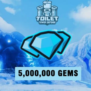 May include: Image features the "Toilet Tower Defense" logo above three blue gem icons. Below, the text reads "5,000,000 GEMS" against a light blue background, set against a snowy, mountainous backdrop under a blue sky.
