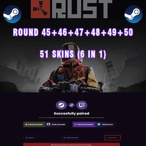 Pode incluir: Imagem promocional para o jogo RUST, com o logotipo do jogo e texto indicando rodadas e skins disponíveis. A imagem inclui um personagem do jogo segurando uma arma, com logotipos Steam e Twitch. A seção inferior mostra uma tela de emparelhamento.