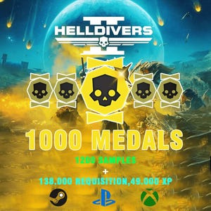 May include: A promotional image for the video game Helldivers, featuring the game's logo and a display of in-game rewards. The image includes the text "1000 MEDALS", along with other in-game resources and platform logos.
