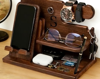 Personalized Wooden Docking Station, Engraved Nightstand Organizer for Him, Custom Phone Charging Stand, Boyfriend Gifts, Gift for Husband