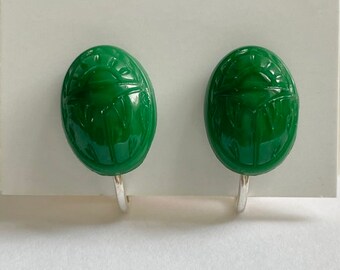 Scarab Beetle Earrings - clip on green glass, gold/silver plated clips