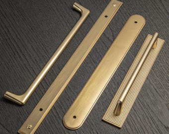 Antique Brass Cabinet Pull: Luxe Grid Backplate, Champagne Bronze Finish