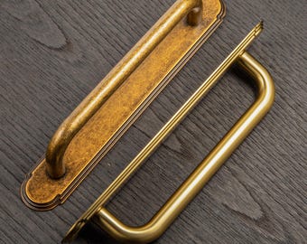 Curved Brass Cabinet Pull with Backplate - Modern Champagne Bronze Handle