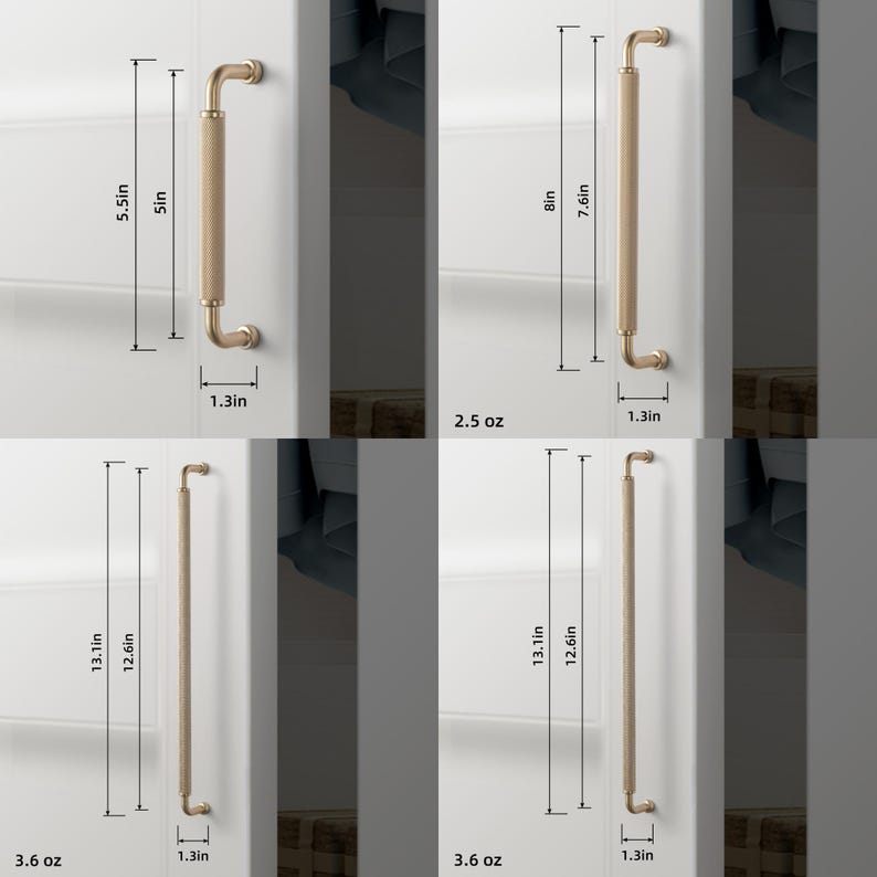 Op de afbeelding: Vier goudkleurige kastgrepen. De langste greep is 33.3 cm en de kortste 14 cm. Elke greep heeft een cilindrische grip en een haakse uiteinde voor montage. Het gewicht varieert van 71 tot 102 gram. Ze zijn op een wit oppervlak.